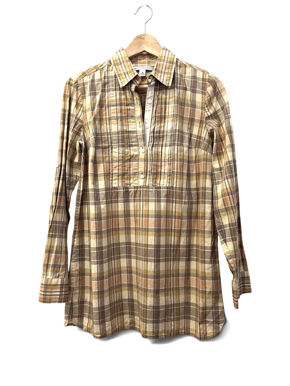 Banana Republic Plaid Pintuck Tunic Shirt Blouse - Brown Yellow Tan Size S